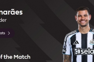 90分钟绝杀，英超官方：吉马良斯当选纽卡2-1富勒姆全场最佳