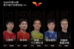WTT男单最新世界排名：王楚钦林诗栋前二，梁靖崑第6，向鹏第9