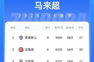 今晚战申花柔佛新山在马来超一骑绝尘，9轮全胜+进48球丢3球
