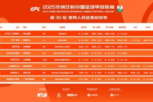 中甲第30轮裁判安排：广东广州豹vs南通支云等4场安排有VAR