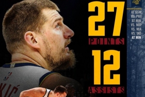 赛季个人第七次三双！掘金官方晒约基奇本场数据：27分10板12助